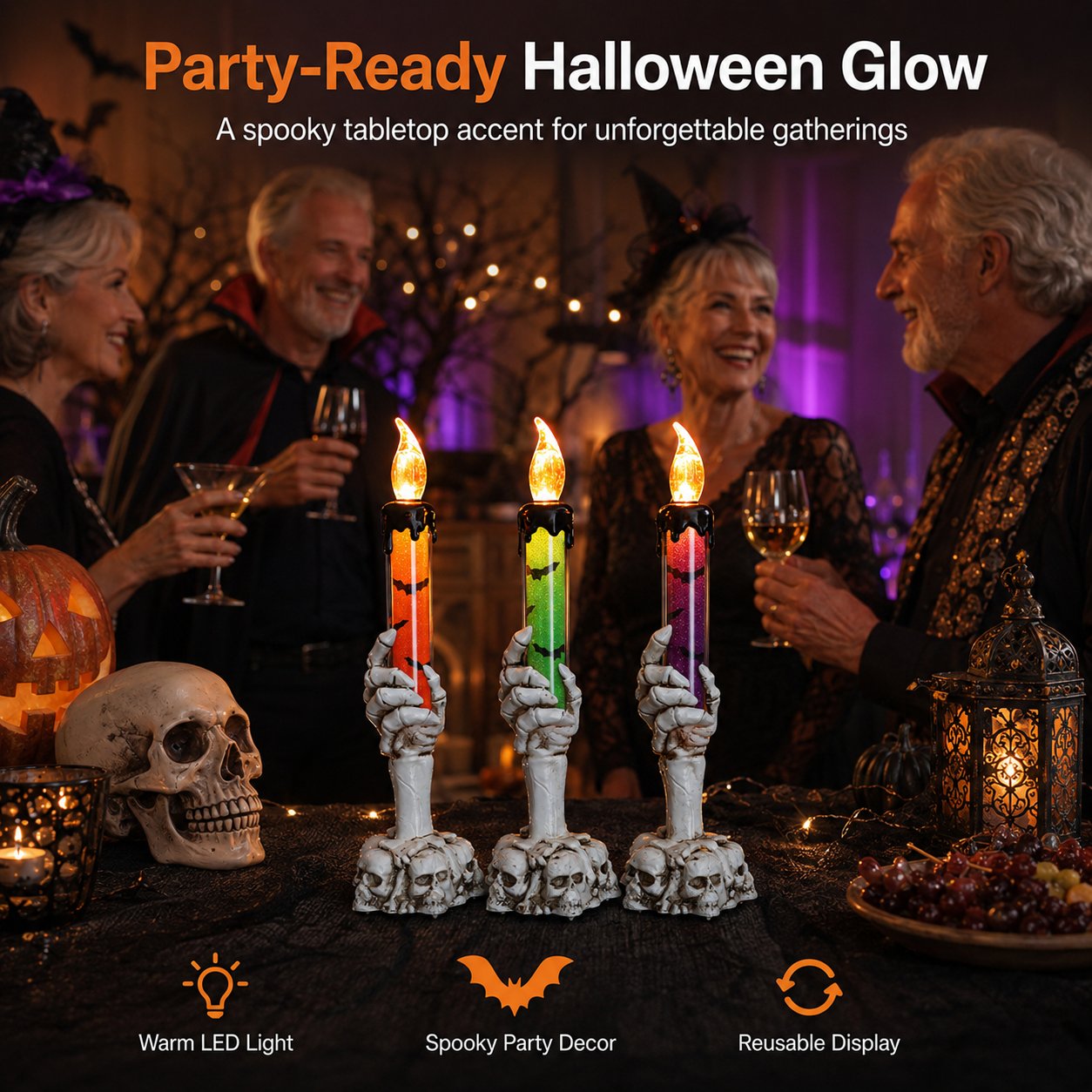 đ Siste dag 50 % RABATT - Halloween Skjeletthodeskalle HĂ„nd LED Glitter Stearinlys Sett
