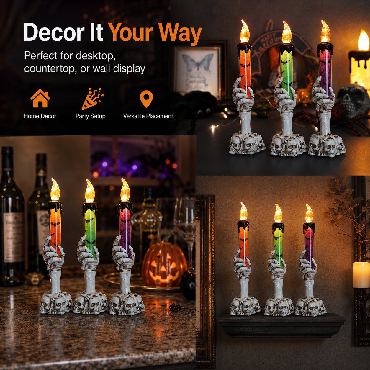 🎃 Siste dag 50 % RABATT - Halloween Skjeletthodeskalle Hånd LED Glitter Stearinlys Sett