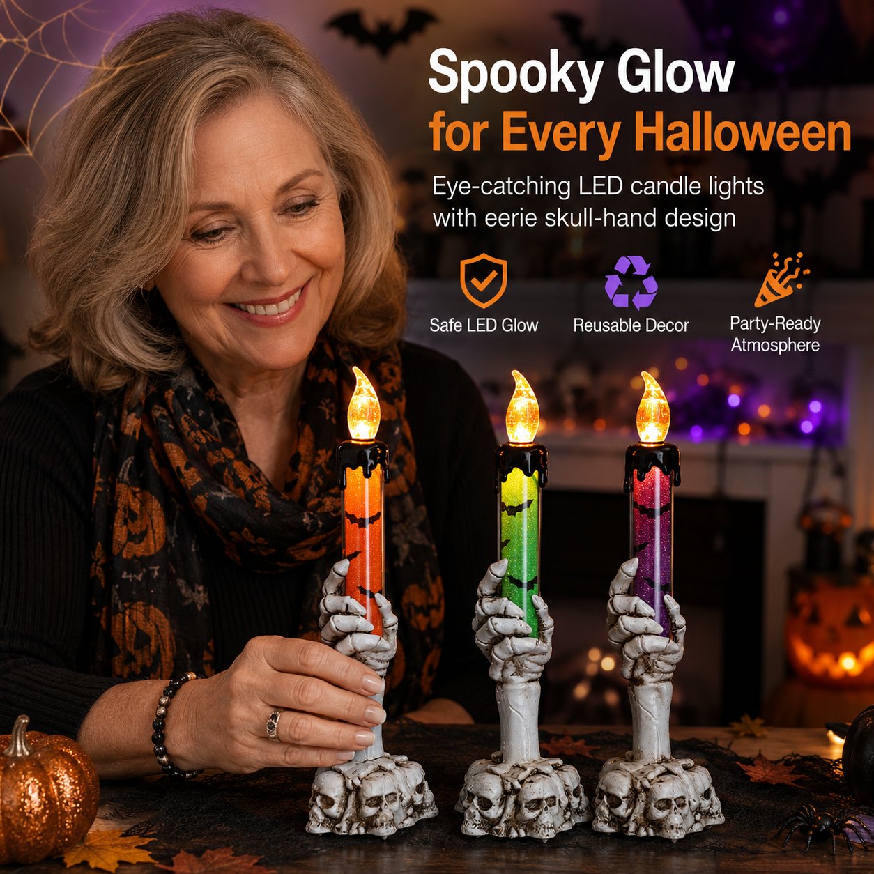 🎃 Siste dag 50 % RABATT - Halloween Skjeletthodeskalle Hånd LED Glitter Stearinlys Sett