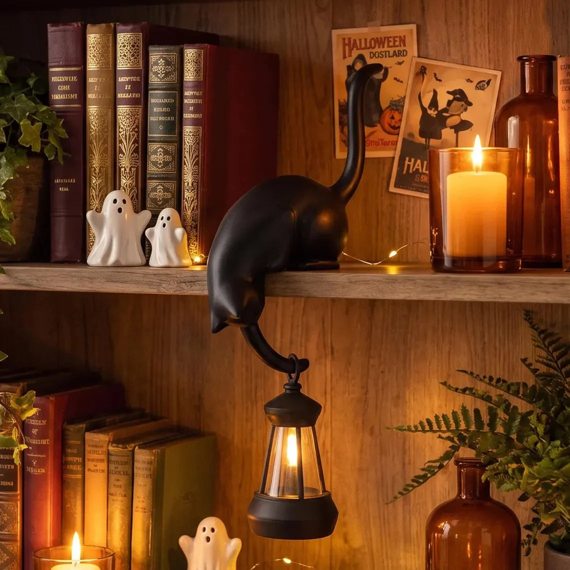 🐈‍Søt kattefigur til bokhyllen med LED-lampe - Søt dekorasjon til bokhyllen og praktisk nøkkelholder