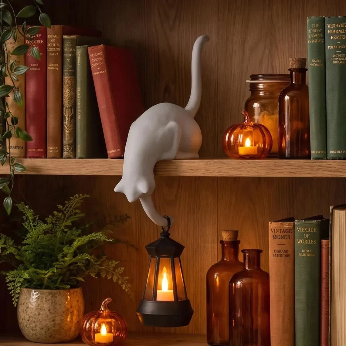 🐈‍Søt kattefigur til bokhyllen med LED-lampe - Søt dekorasjon til bokhyllen og praktisk nøkkelholder