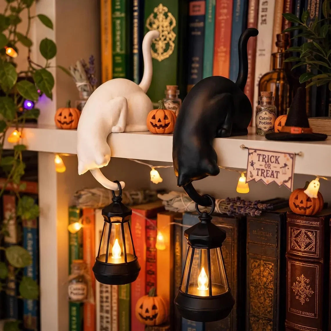 🐈‍Søt kattefigur til bokhyllen med LED-lampe - Søt dekorasjon til bokhyllen og praktisk nøkkelholder