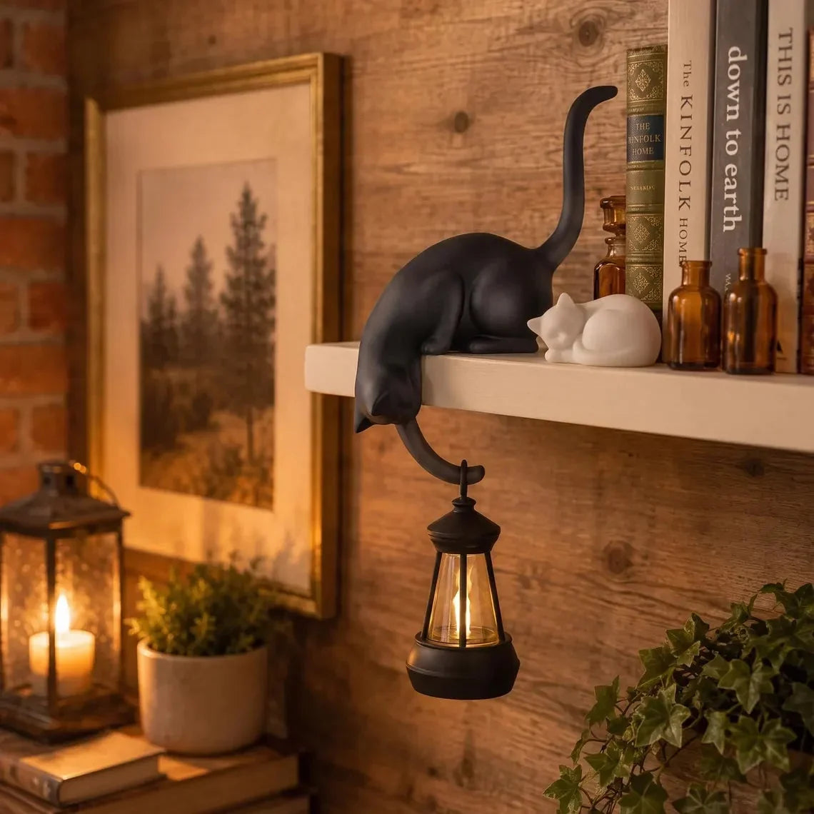 🐈‍Søt kattefigur til bokhyllen med LED-lampe - Søt dekorasjon til bokhyllen og praktisk nøkkelholder