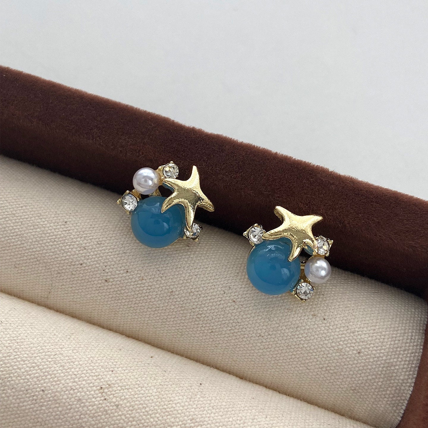 Ocean Vibes Starfish Earrings - Blue Cabochon & Pearl Studs