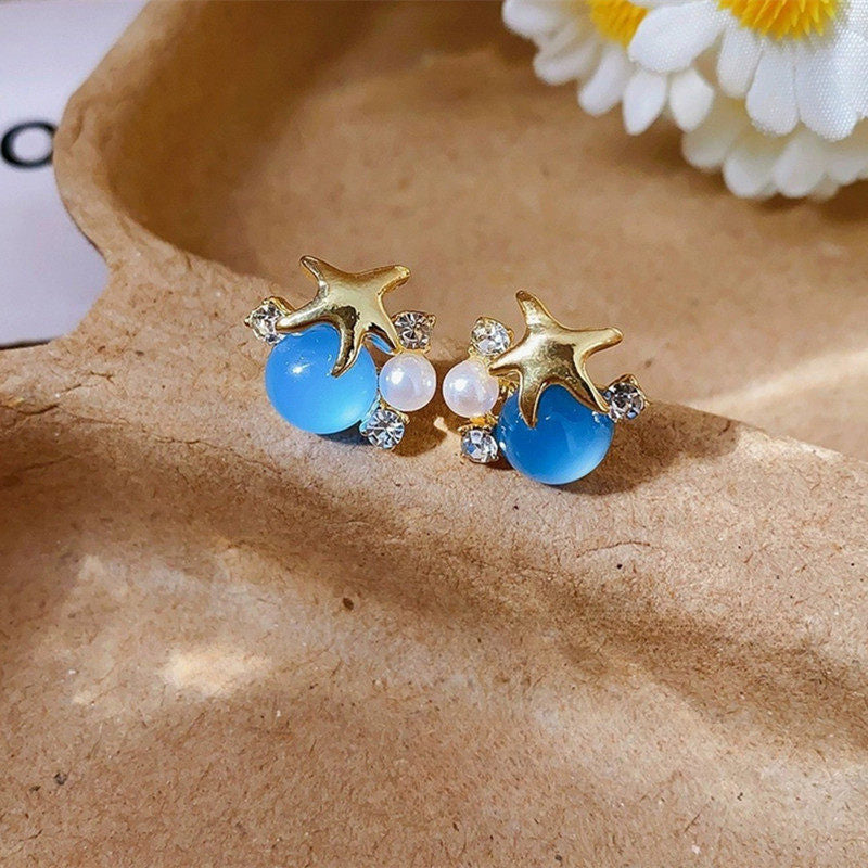 Ocean Vibes Starfish Earrings - Blue Cabochon & Pearl Studs