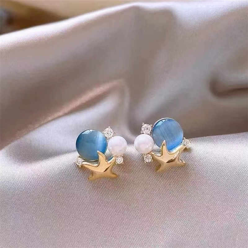 Ocean Vibes Starfish Earrings - Blue Cabochon & Pearl Studs