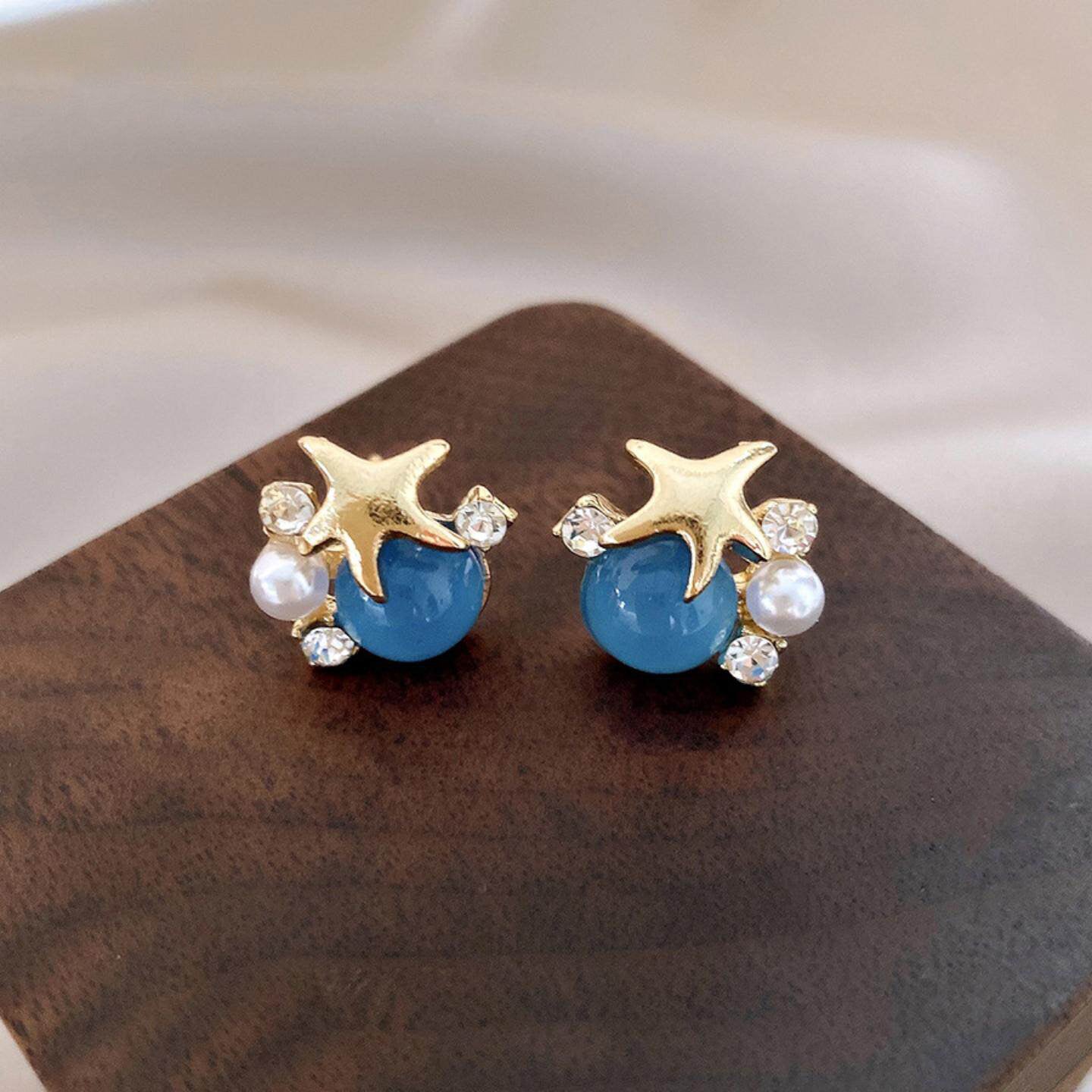 Ocean Vibes Starfish Earrings - Blue Cabochon & Pearl Studs