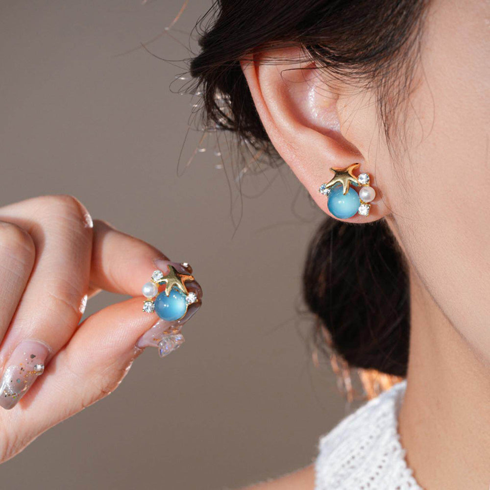 Ocean Vibes Starfish Earrings - Blue Cabochon & Pearl Studs