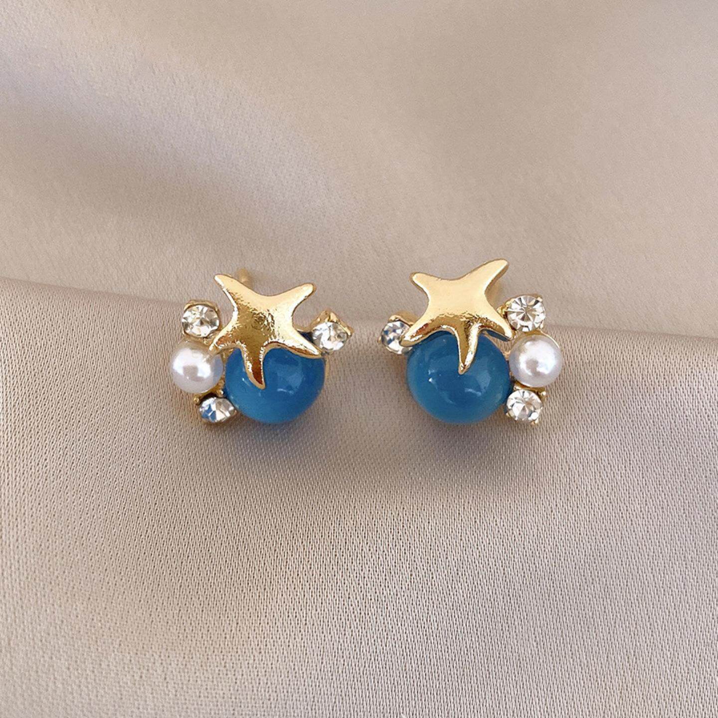 Ocean Vibes Starfish Earrings - Blue Cabochon & Pearl Studs