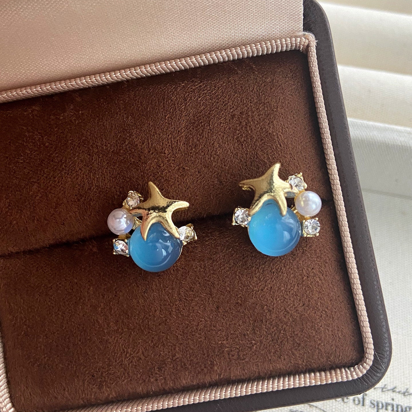Ocean Vibes Starfish Earrings - Blue Cabochon & Pearl Studs