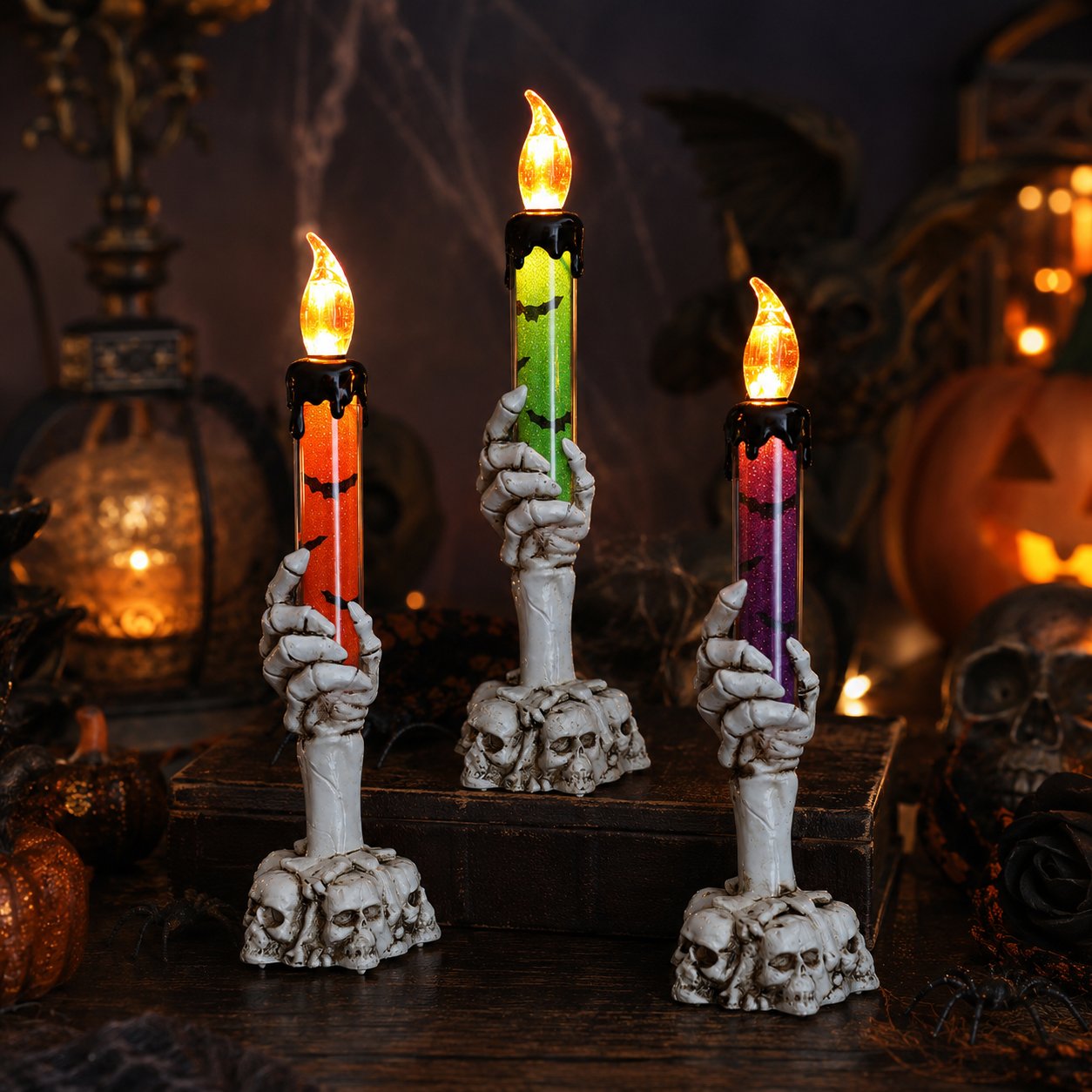 🎃 Siste dag 50 % RABATT - Halloween Skjeletthodeskalle Hånd LED Glitter Stearinlys Sett