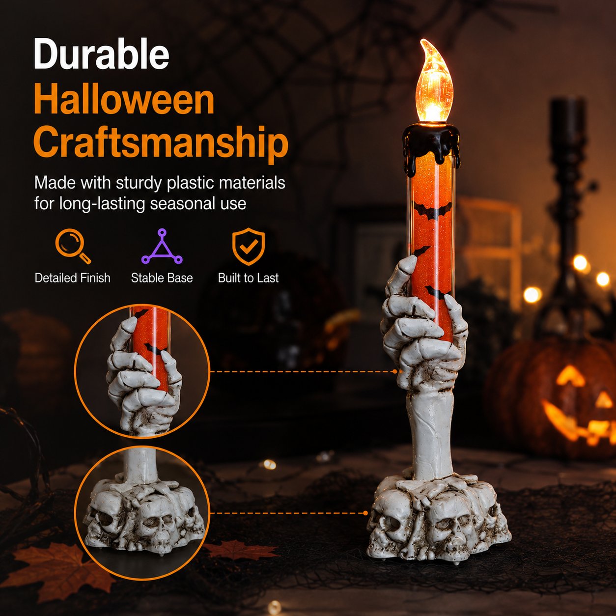 🎃 Siste dag 50 % RABATT - Halloween Skjeletthodeskalle Hånd LED Glitter Stearinlys Sett